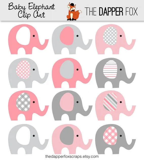 Pink and Grey Elephant Clip Art - INSTANT DOWNLOAD - Baby girl ...