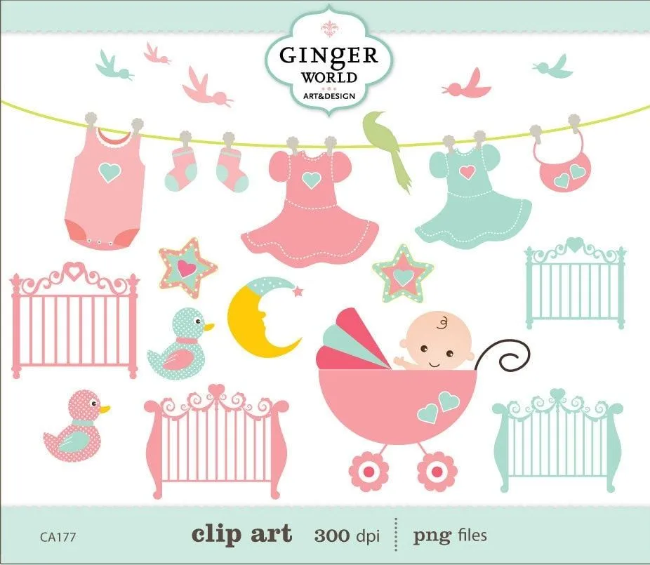 Pink baby shower birds clip art whimsical digital by GingerWorld