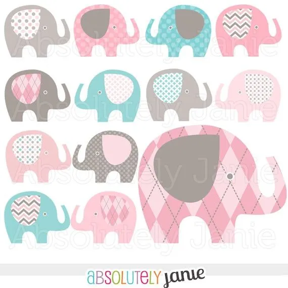 Pink Grey Teal Blue Baby Elephant Digital by AbsolutelyJanie