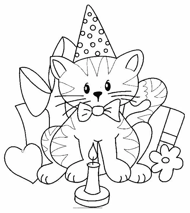 Pinto Dibujos: Gato celebrando cumpleaños para colorear