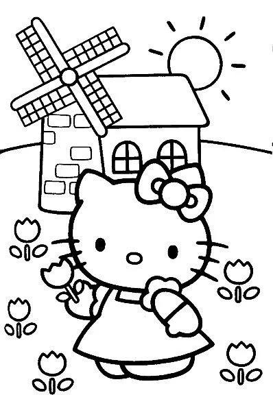 Pinto Dibujos: Hello Kitty con molino de viento para colorear