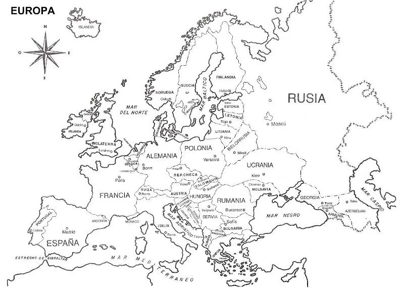 Pinto Dibujos: Mapa de Europa con nombres para colorear
