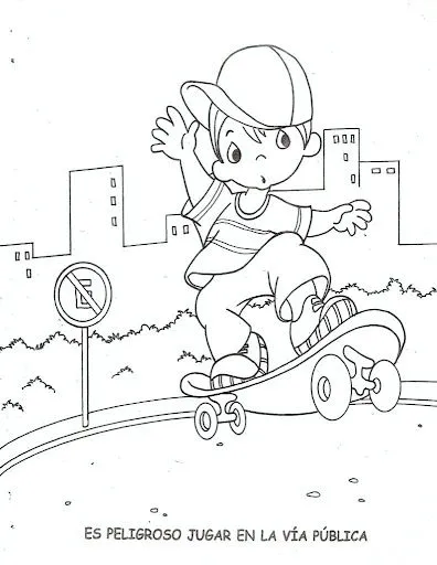 Pinto Dibujos: Niño patinando en la calle para colorear