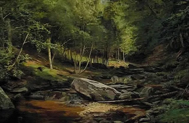 Pintura de Alexander Wyant, paisaje escuela americana río Hudson.