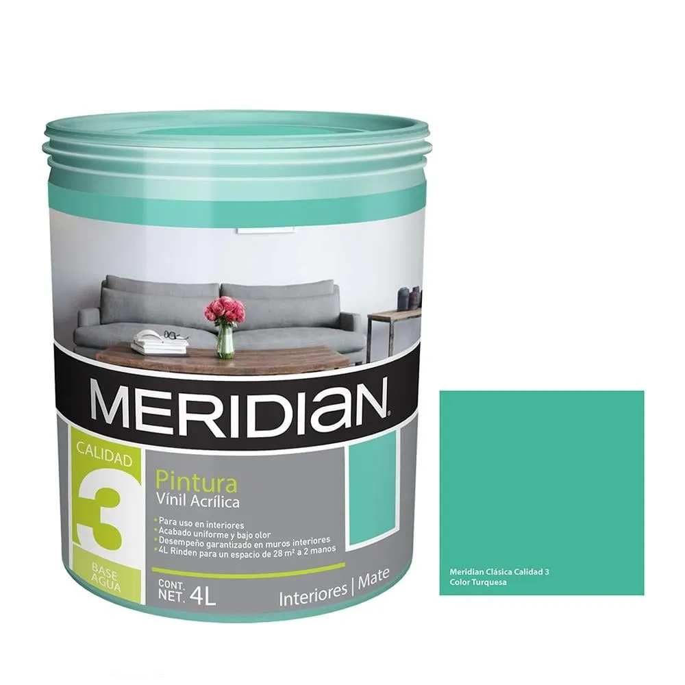 Pintura Meridian Clásica 3 Años Color Turquesa 4 Litros | Bodega Aurrera en  línea