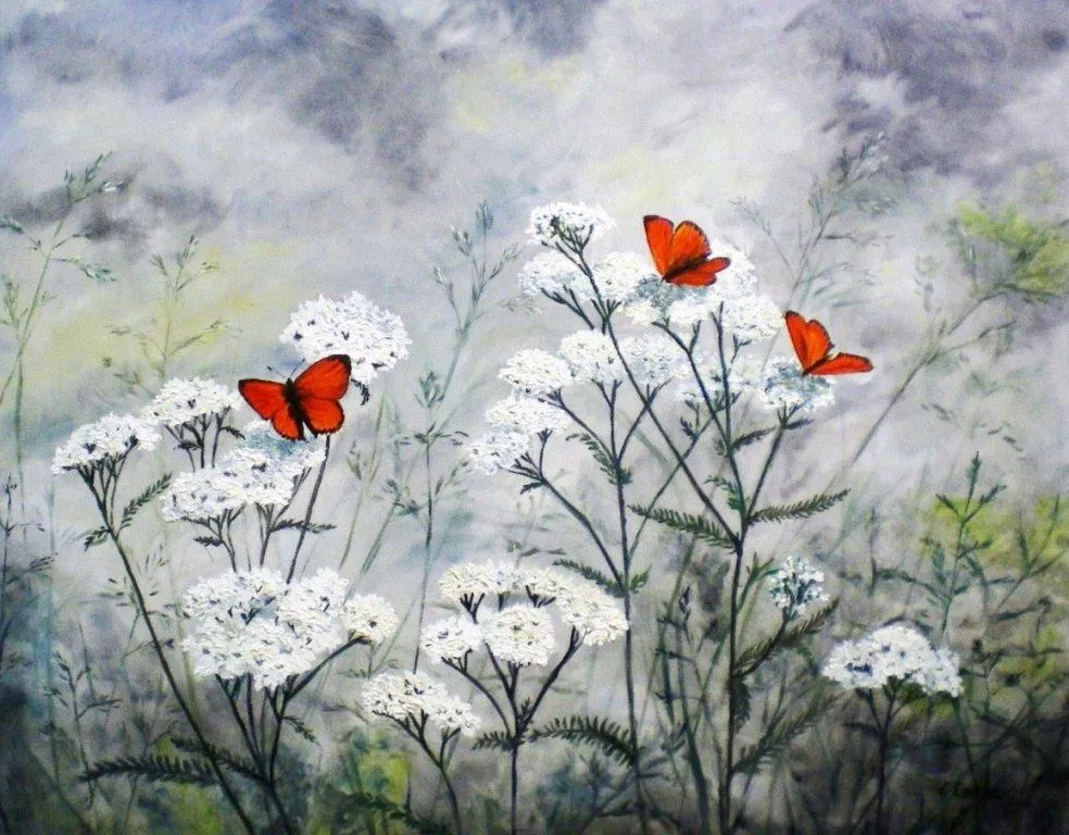 Pintura Moderna al Óleo: Cuadro sencillo con mariposas