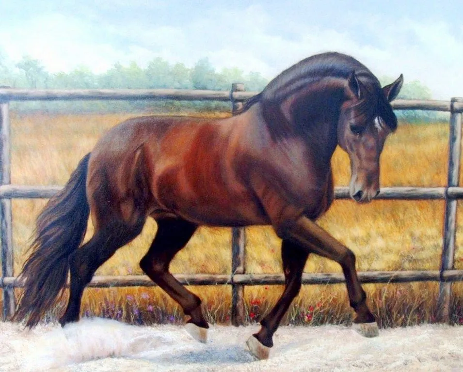 Pinturas Cuadros al Óleo: Cuadros caballos en paisaje al óleo