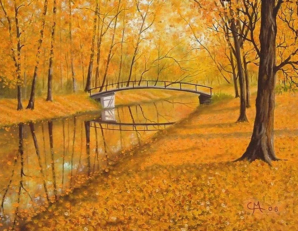 Pintura Moderna al Óleo: Cuadros paisajes natural otoño