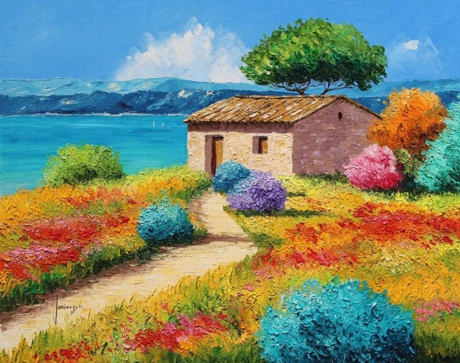 Pintura Moderna al Óleo: Paisajes con Flores Pintados con Espátula