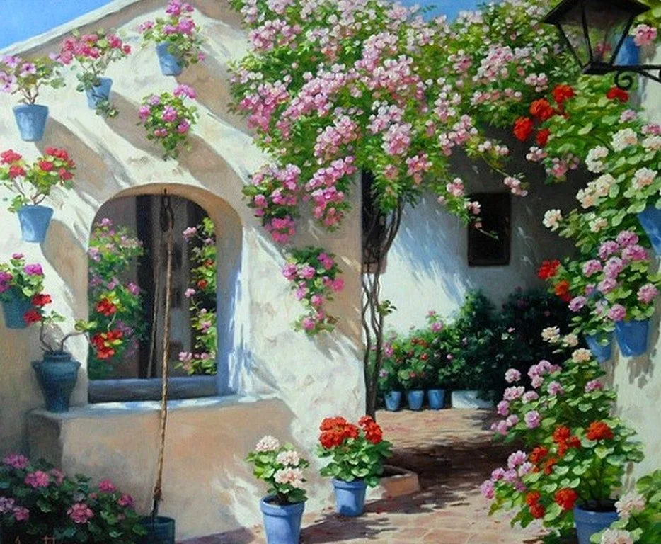 Pintura Moderna al Óleo: Pinturas de ventanas con flores