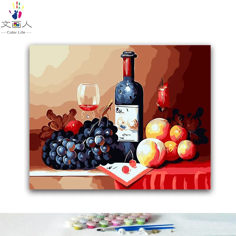 Pintura por números para colorear, dibujo en relieve de vino tinto y fruta,  bricolaje, enmarcado H