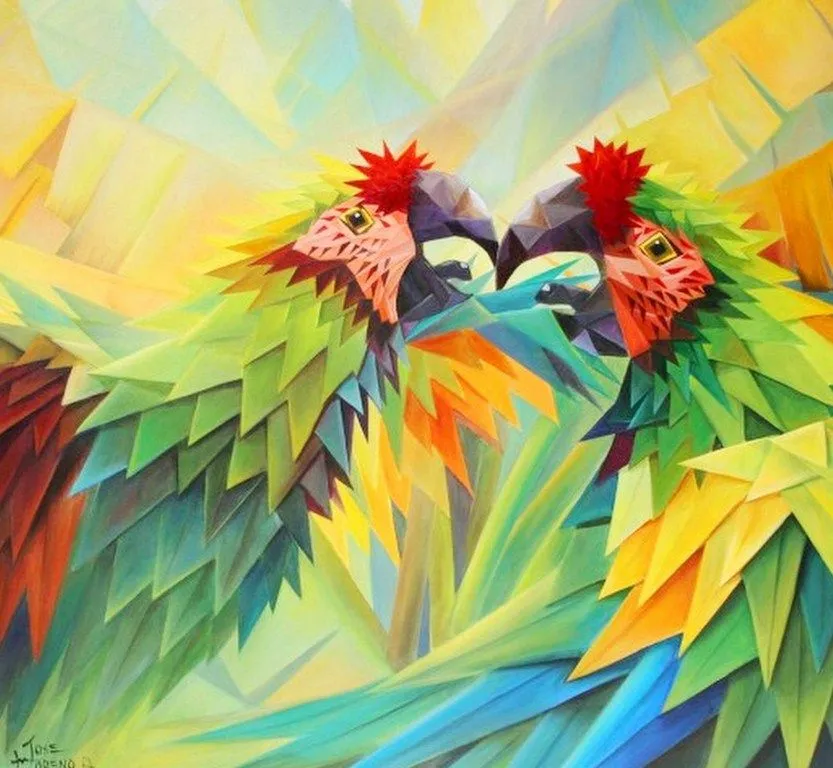 Pintura Moderna al Óleo: Aves y Flores