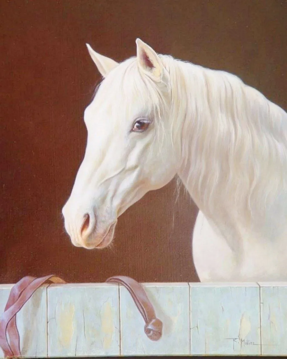 Pintura Moderna al Óleo: Caballos blancos pintados en óleo