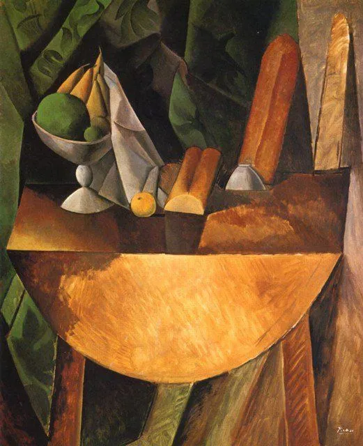 PINTURAS FAMOSAS: PANES Y FRUTERO SOBRE UNA MESA PABLO PICASSO