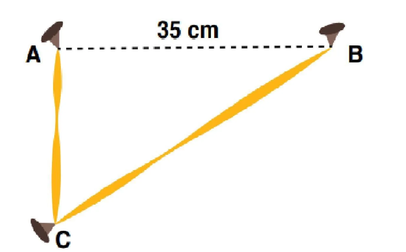 Una pita de 49 cm de largo se fija a tres clavos como lo indica el dibujo.  Los clavos A y B están separados - Brainly.lat