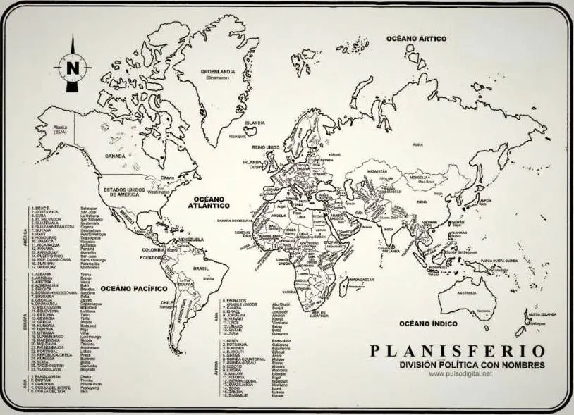 Planisferio con división política y nombres 