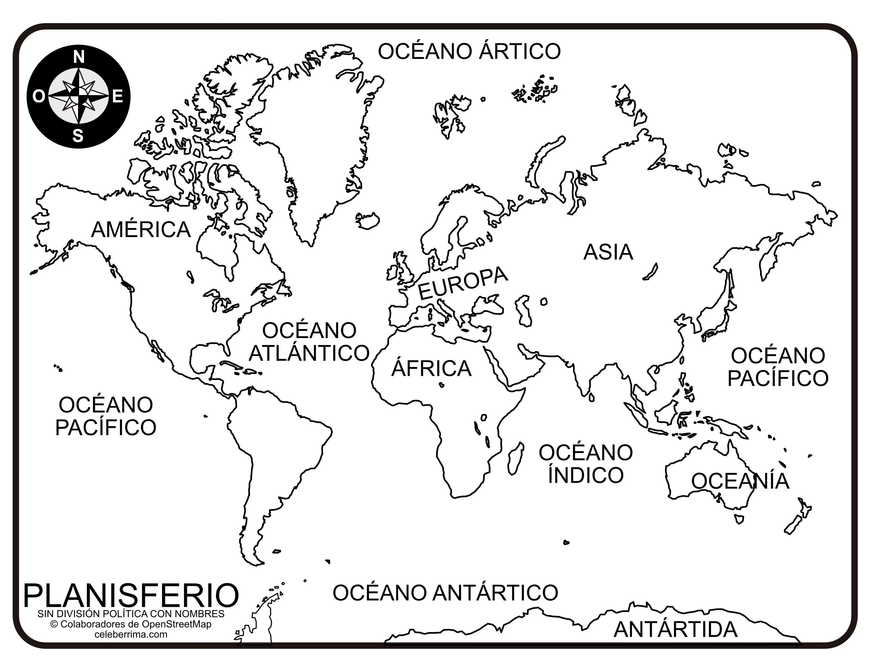 Planisferio sin división política y con nombres para colorear e imprimir -  Celebérrima.com