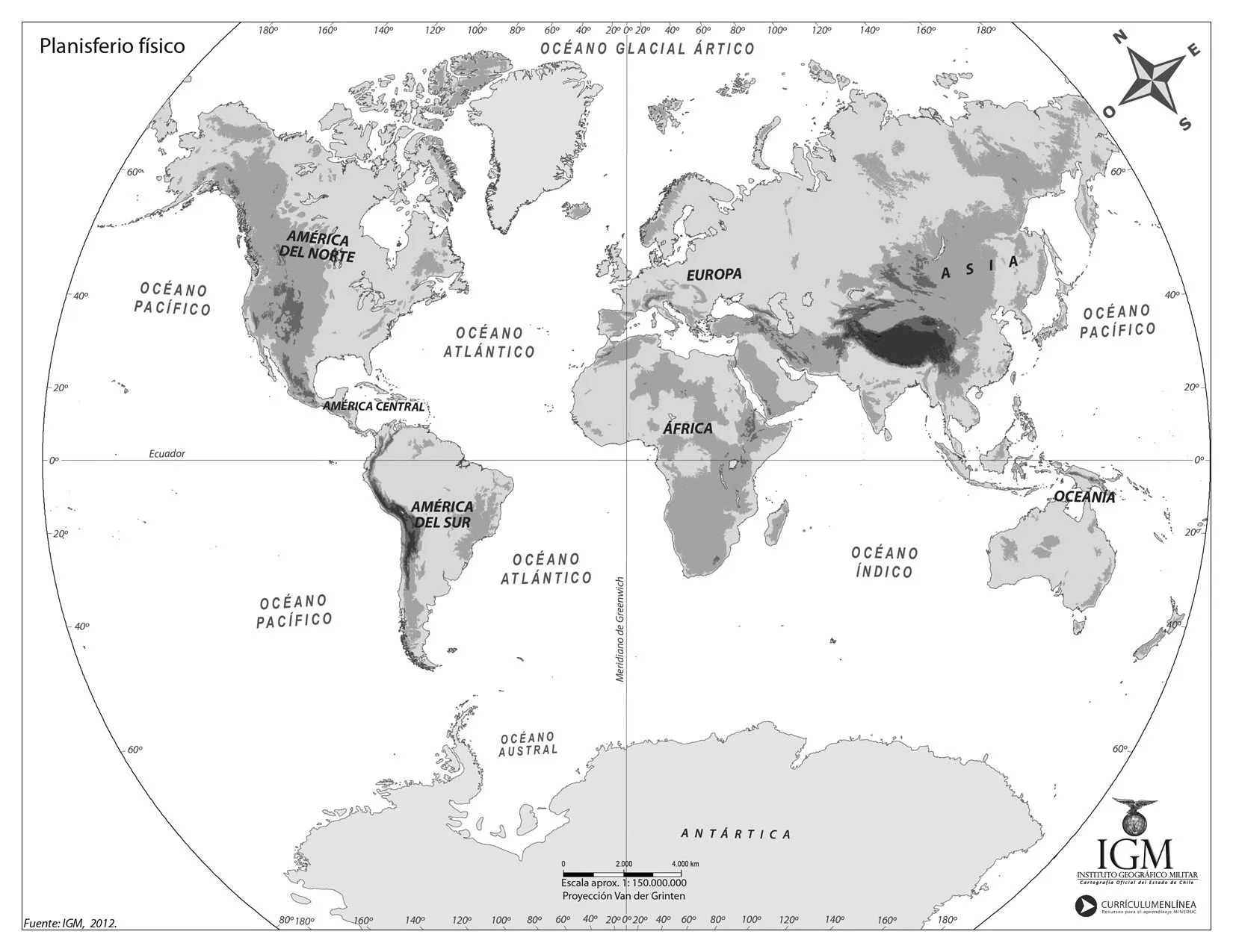 Planisferio físico blanco y negro - Currículum en línea. MINEDUC ...