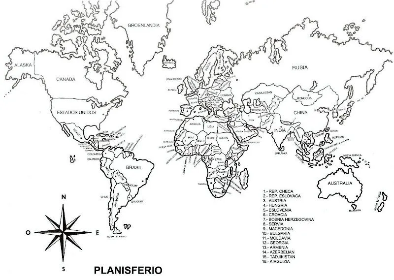 Planisferio con nombres en blanco y negro - Imagui