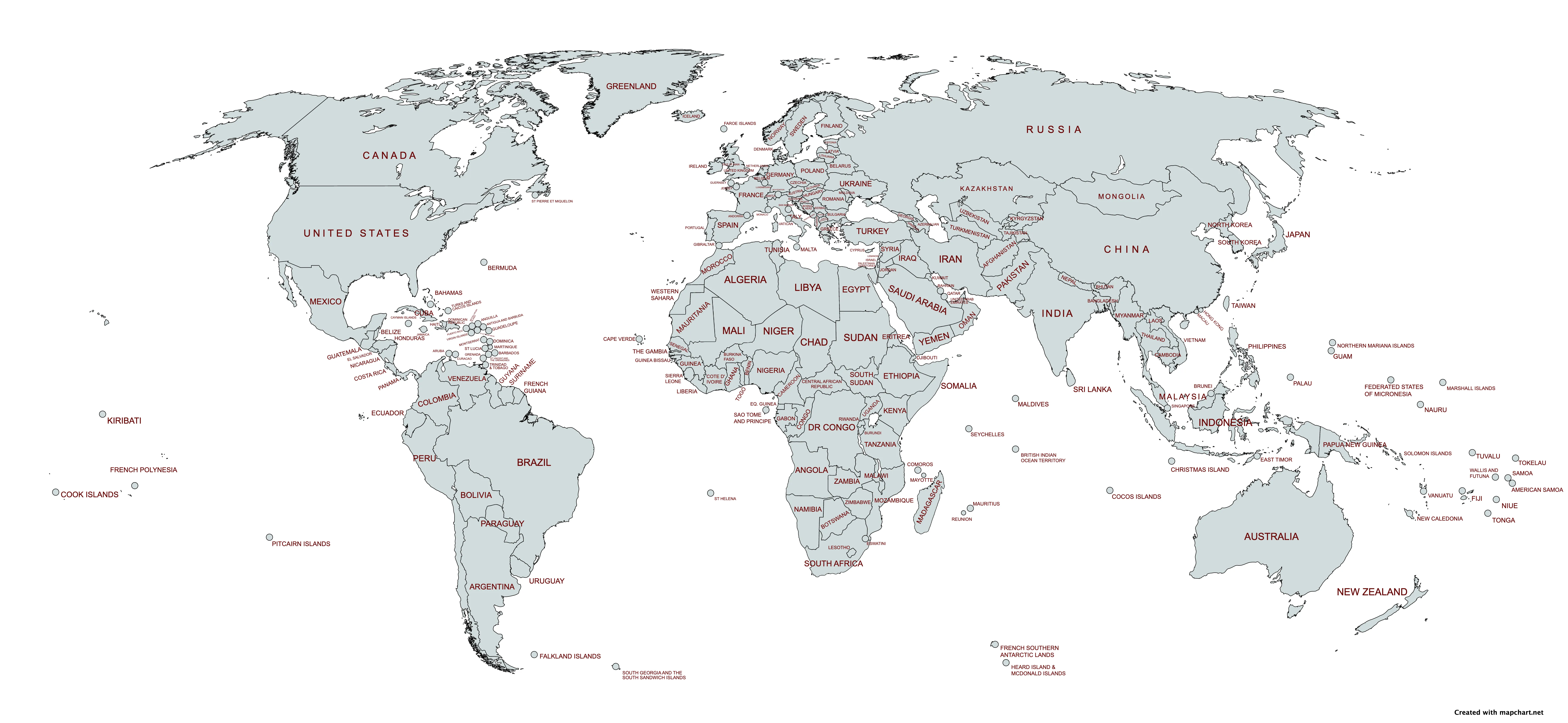 Planisferio con nombres para imprimir - División política y letra grande