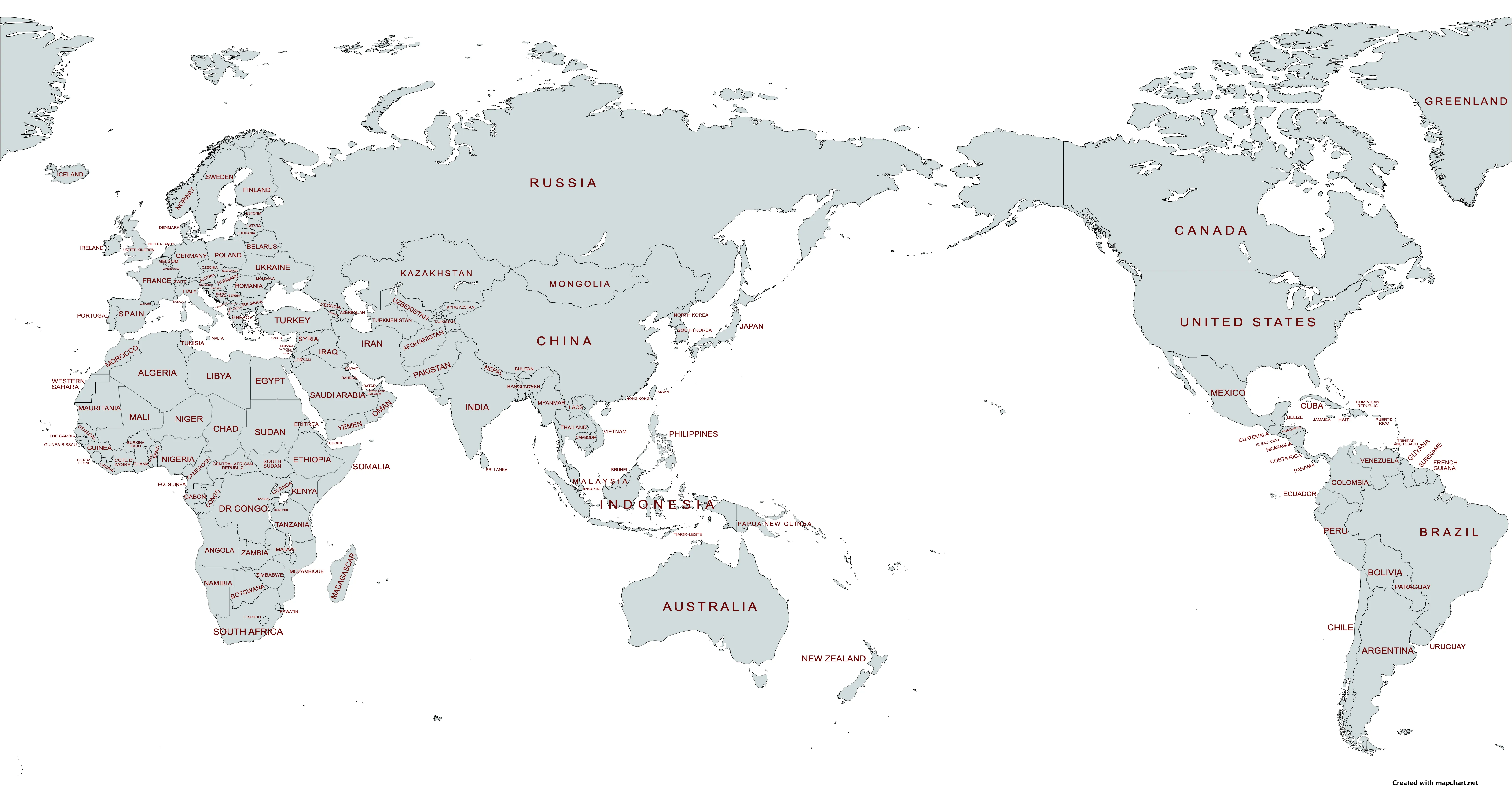 Planisferio con nombres para imprimir - División política y letra grande