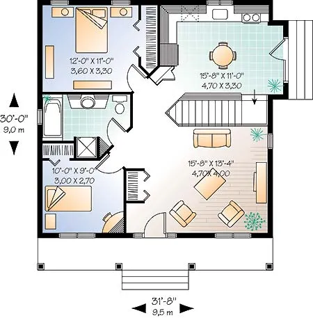 Plano de casa de 84 metros cuadrados, 1 piso y 2 dormitorios