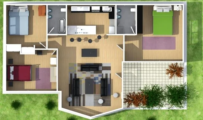 Plano de casa de 3 dormitorios, 2 baños y en 3D | Planos de Casas