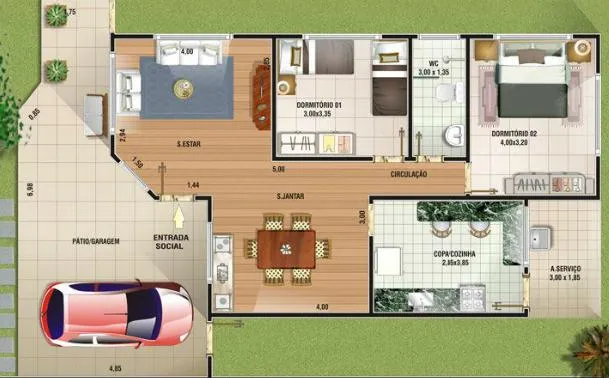 Plano de casa de 1 Piso y 2 dormitorios 114 metros cuadrados