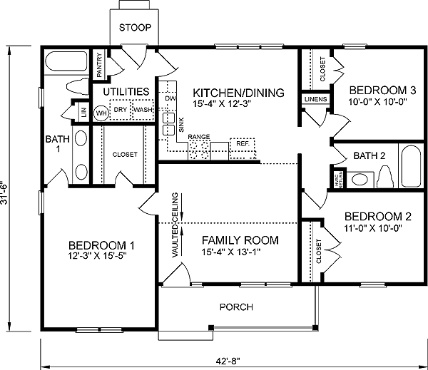 Plano de casa tradicional de 1 piso y 3 dormitorios