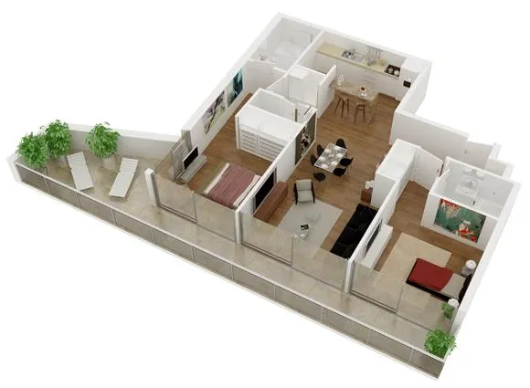 Plano de departamento de 2 habitaciones en 3D | Planos de Casas