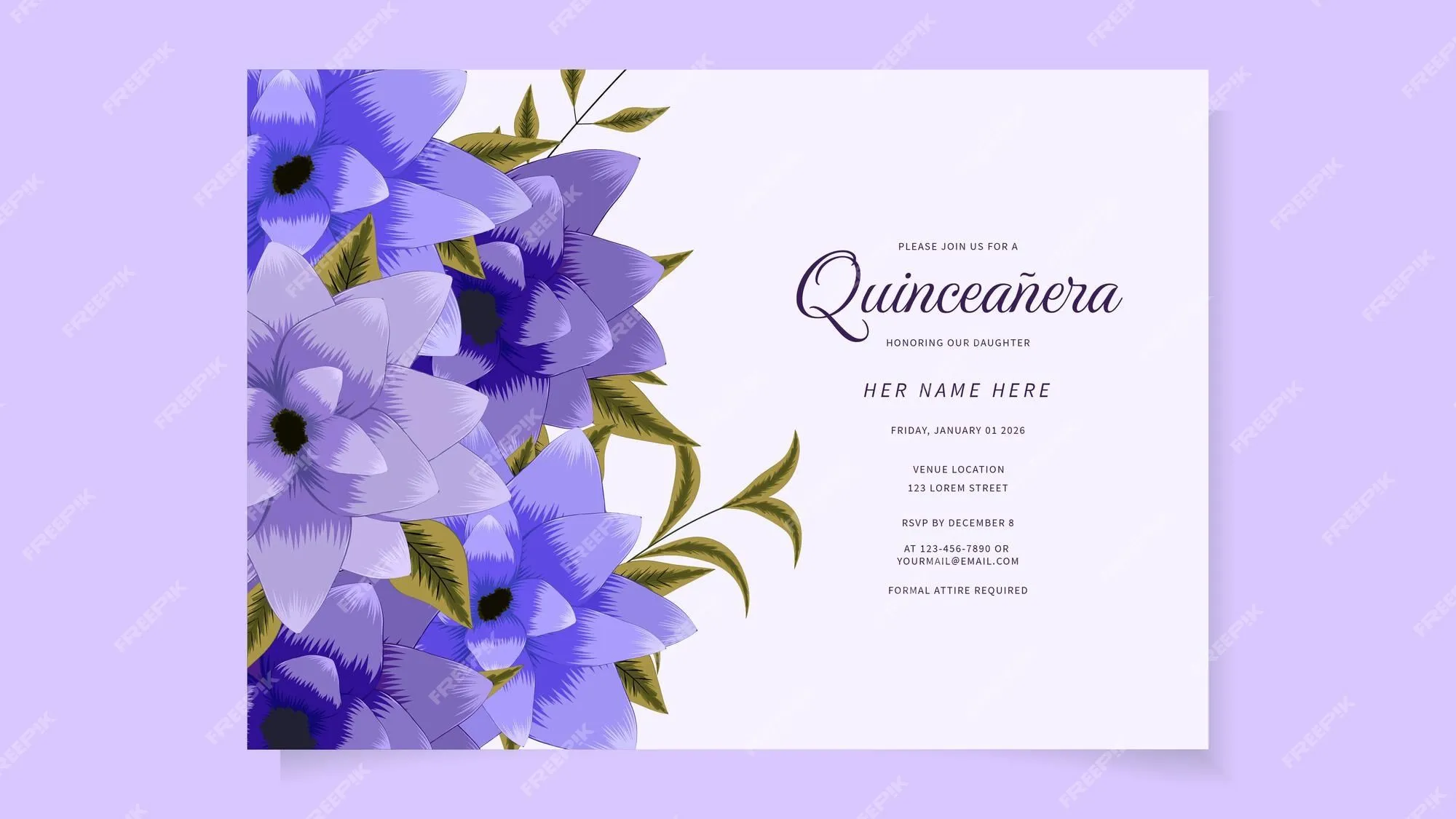 Plantilla de invitación de flores de quinceañera para fiesta de cumpleaños  de 15 años | Vector Premium