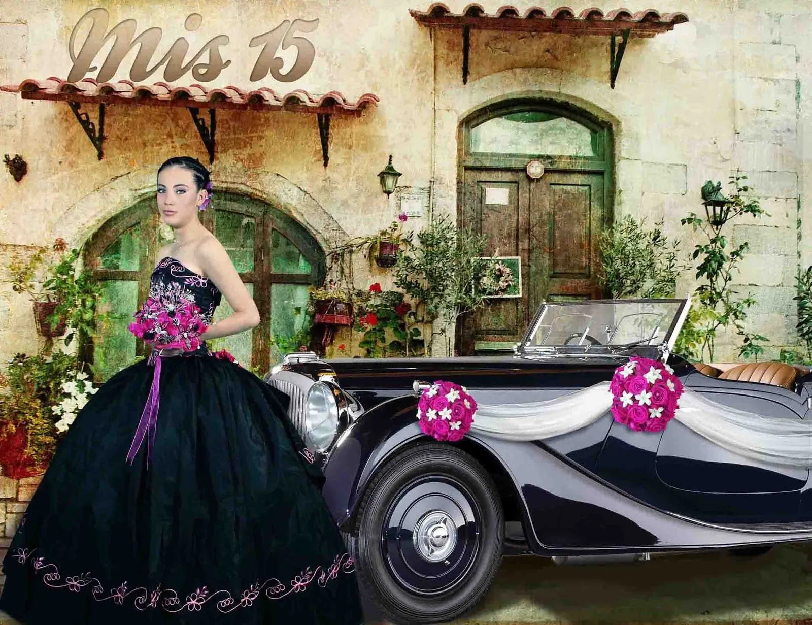 Plantillas para Photoshop 2014: Quinceañera con auto clásico
