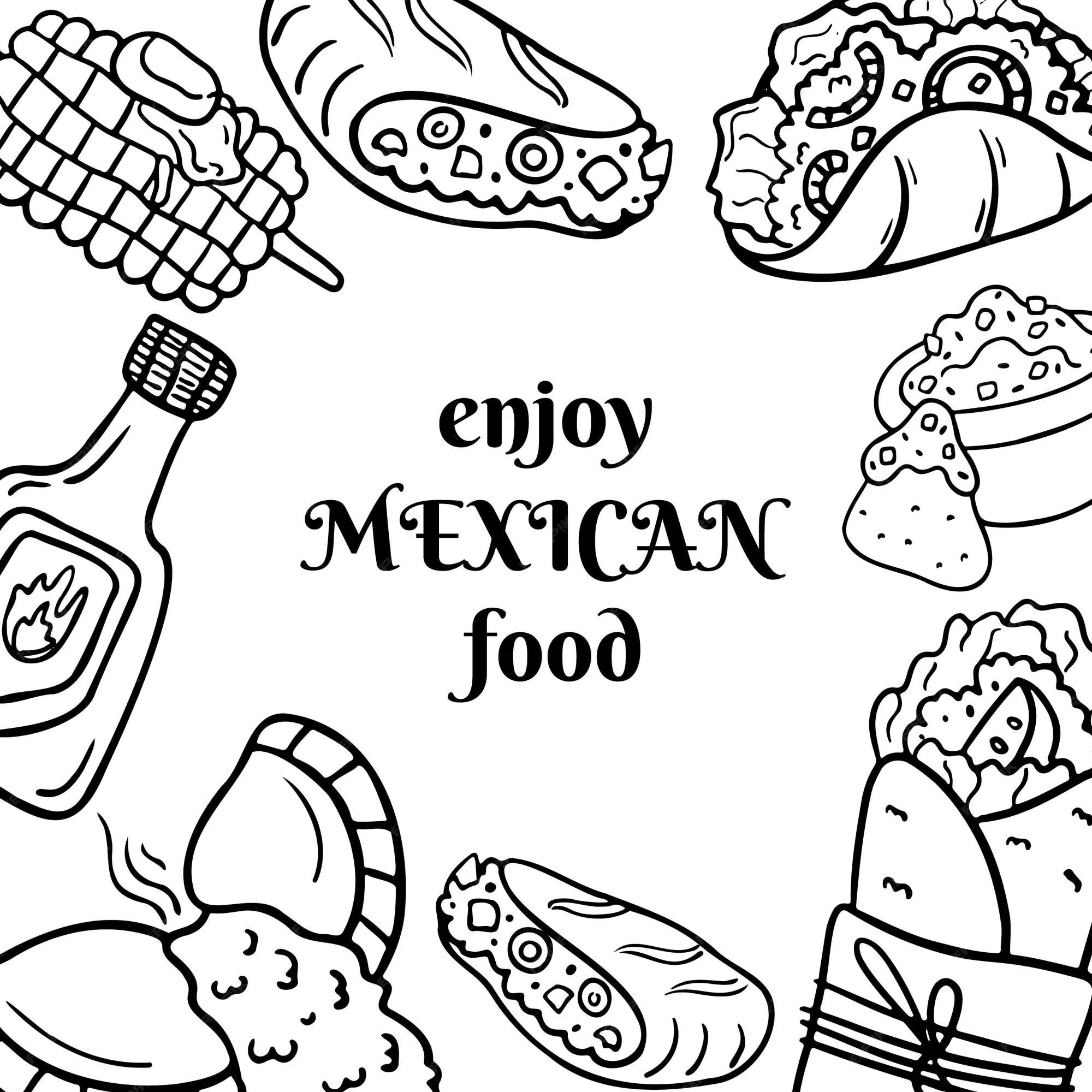 Platos de cocina mexicana dibujados a mano libro para colorear de comida |  Vector Premium