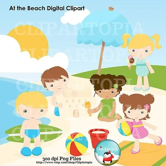 En la Playa Niños y niñas Digital clipart personal por ClipArtopia