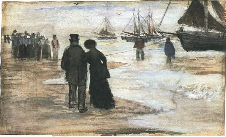 Playa con personas caminando y barcos de Vincent van Gogh ...