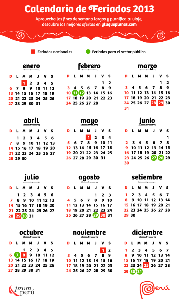 PLUMA DE ÁNGEL CON ALMA PERUANA: Calendario de Feriados 2013 en Perú