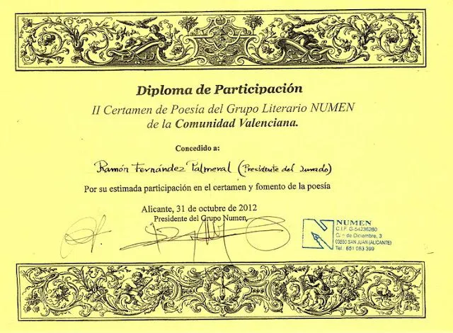 POESÍA PALMERIANA: Diploma a Ramón Palmeral