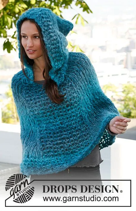 Poncho con capucha DROPS, de punto, en 2 hilos “Verdi”. Talla: S ...