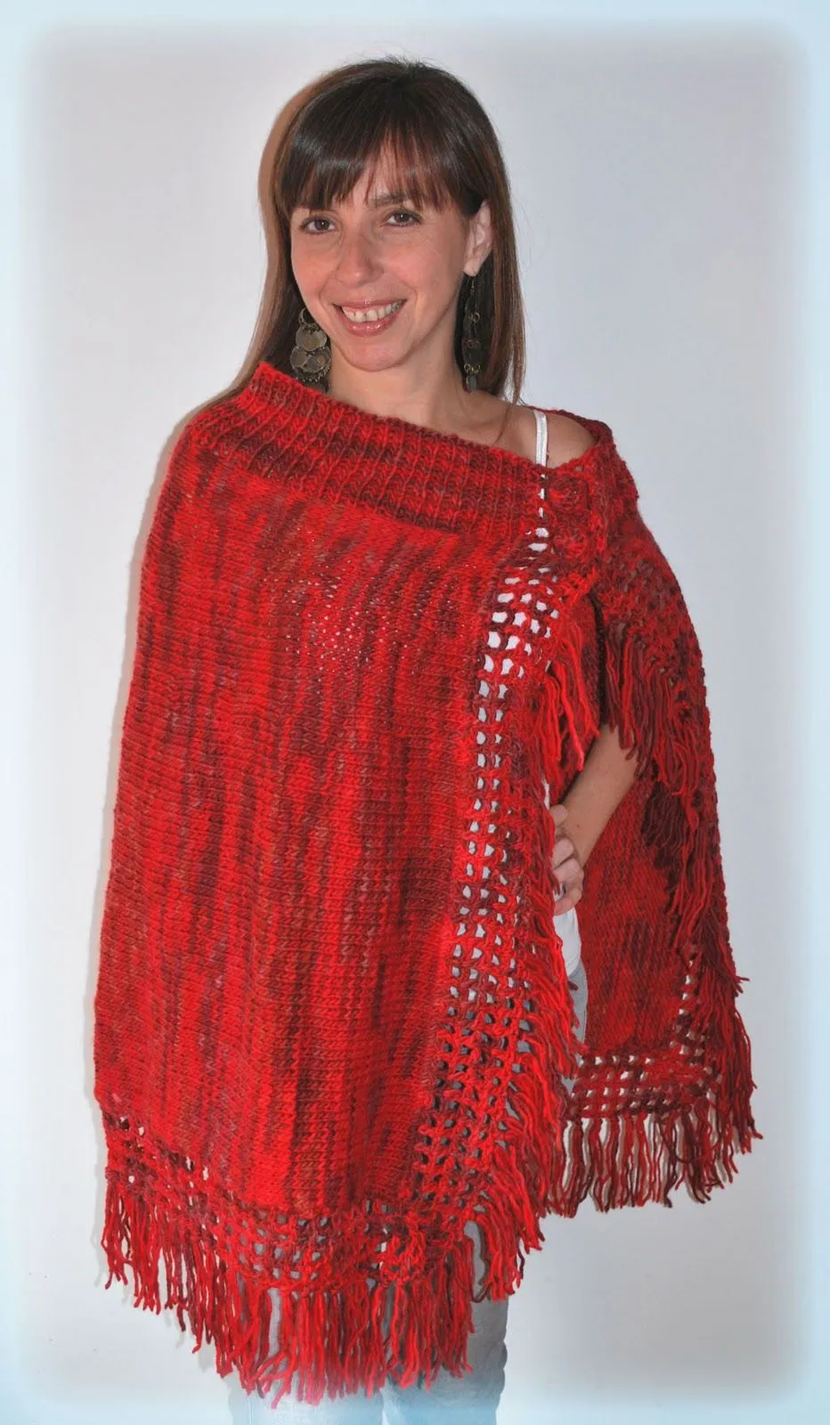 Poncho largo, tejido en dos agujas y crochet, en lana semi gorda ...