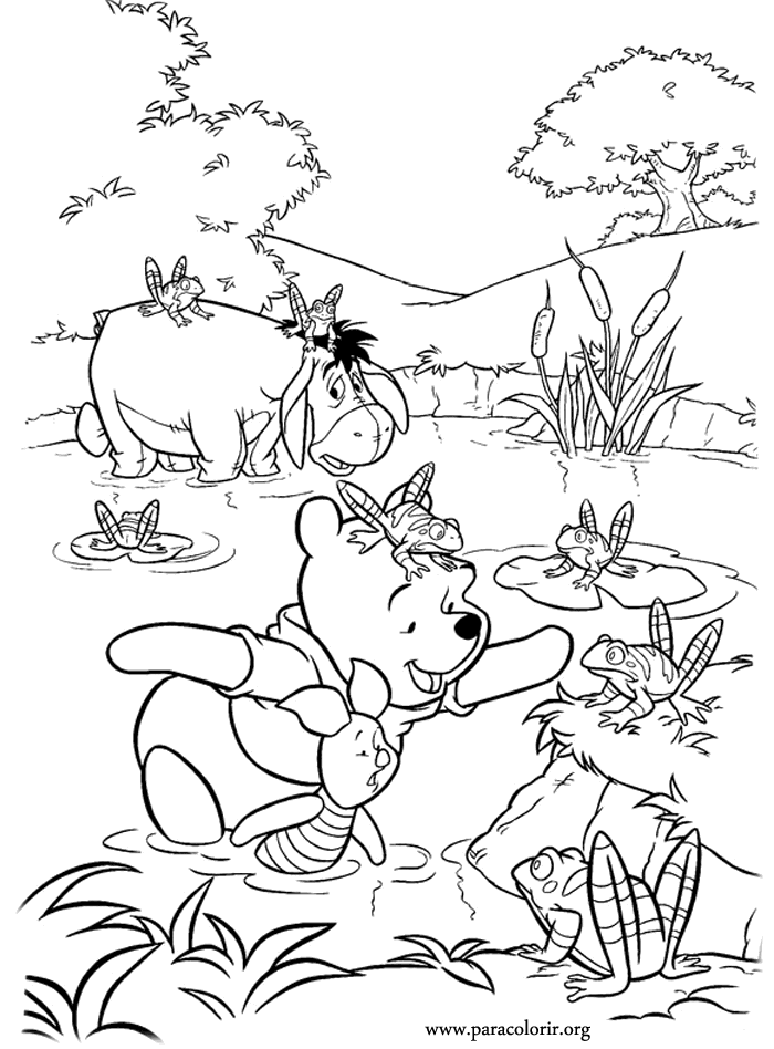  ... Pooh is with his friends Piglet and Eeyore in a pond full of frogs