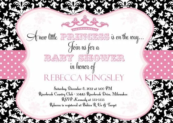 Black & Pink Damask Princess Baby Shower por PartyPopInvites