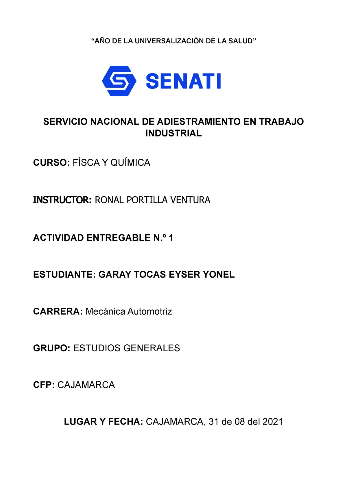 Portada Actividad entregable -numero 3... 202120 - “AÑO DE LA  UNIVERSALIZACIÓN DE LA SALUD” SERVICIO - Studocu