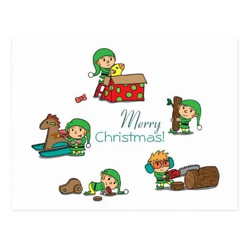 Postal linda del navidad: Los duendes de Santa en de Zazzle.