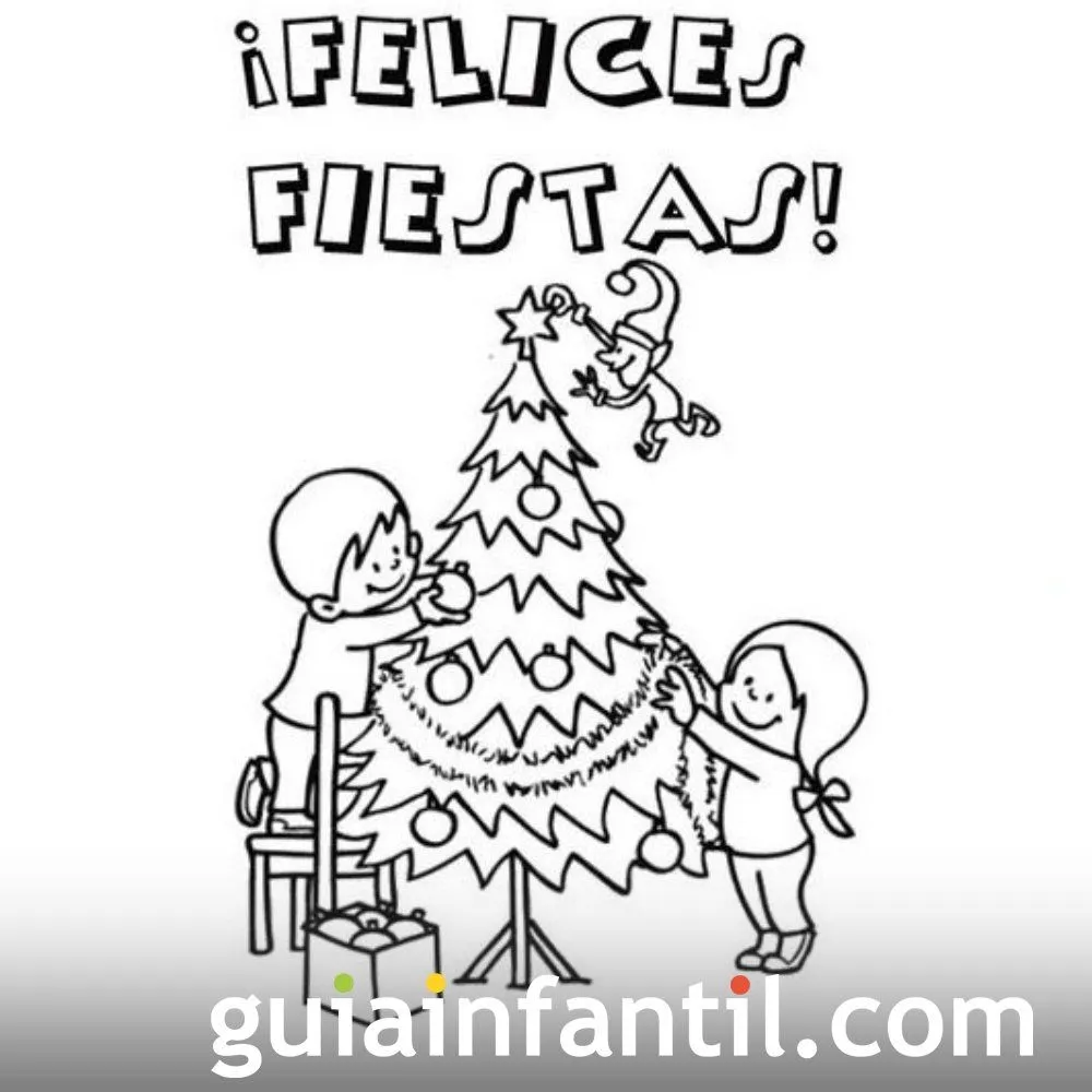 Postal con niños en el árbol de Navidad para colorear