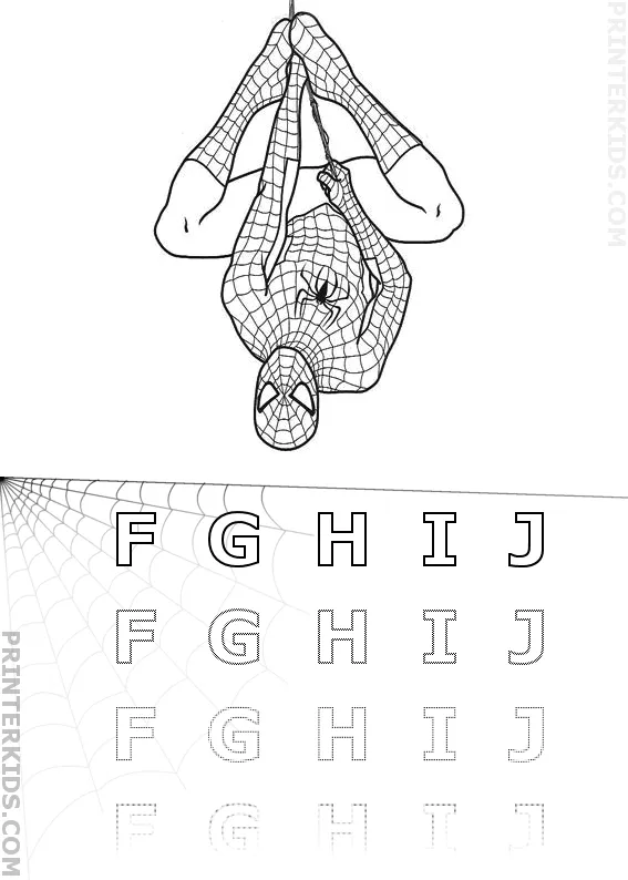 Practice - FGHIJ - Spiderman (Hanging Down) Coloring and Spelling ...