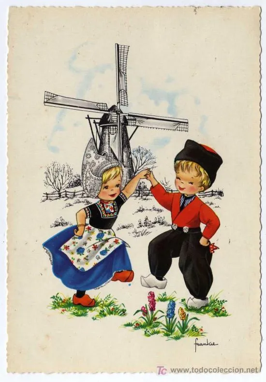  ... DIBUJO INFANTIL - NIÑO Y NIÑA BAILANDO JUNTO MOLINO VIENTO - HOLANDA