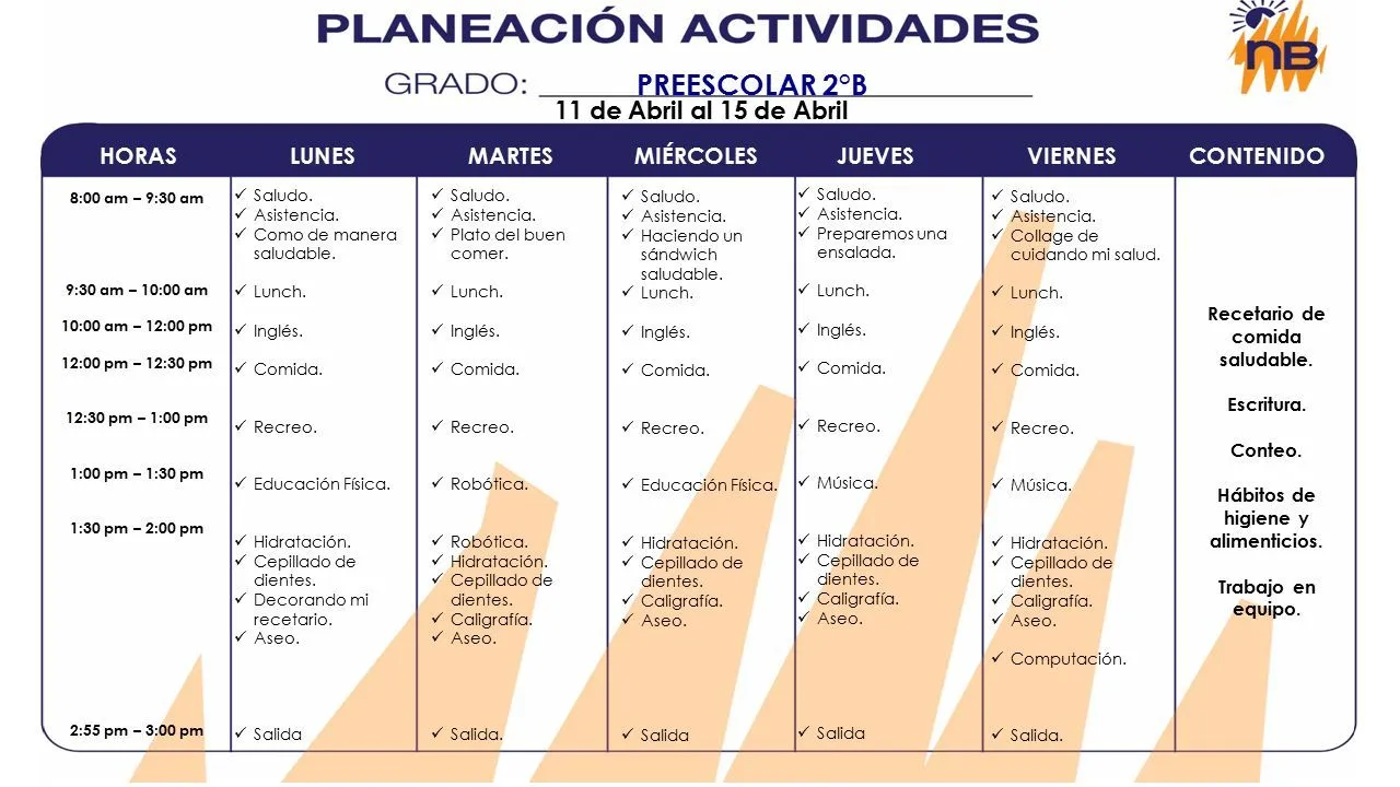 PREESCOLAR 2°B LUNESMARTESHORASMIÉRCOLESJUEVESVIERNESCONTENIDO Saludo.  Asistencia. Plato del buen comer. Lunch. Inglés. Comida. Recreo. Robótica.  Hidratación. - ppt descargar