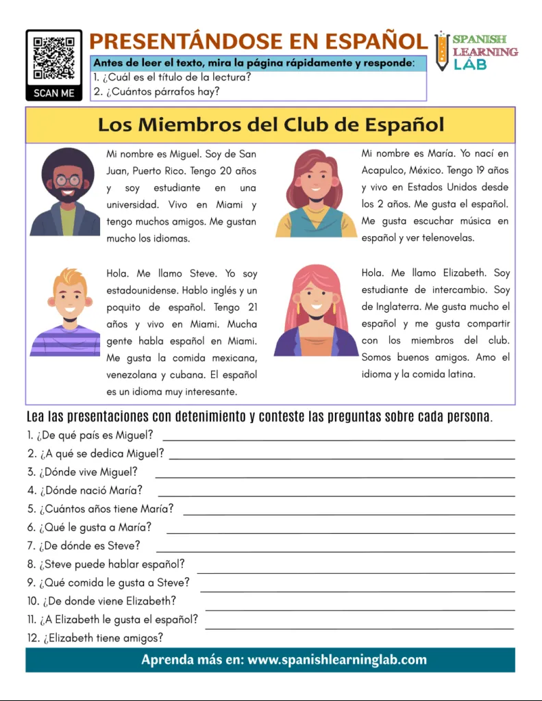 Presentándose en Español - Ejercicios en PDF - Spanish Learning Lab