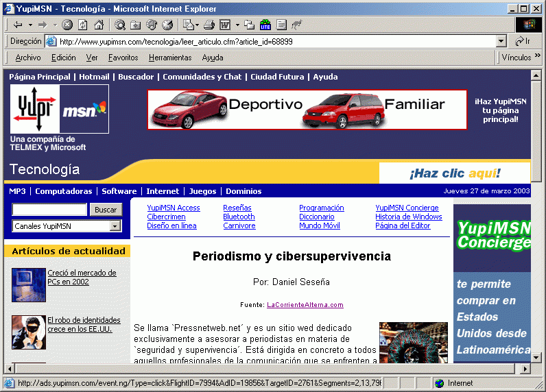 Pressnet en los Medios de Comunicación. Año 2003: Yupi MSN. 20-