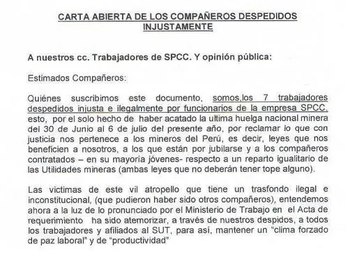 Carta abierta de los trabajadores despedidos ilegalmente por ...